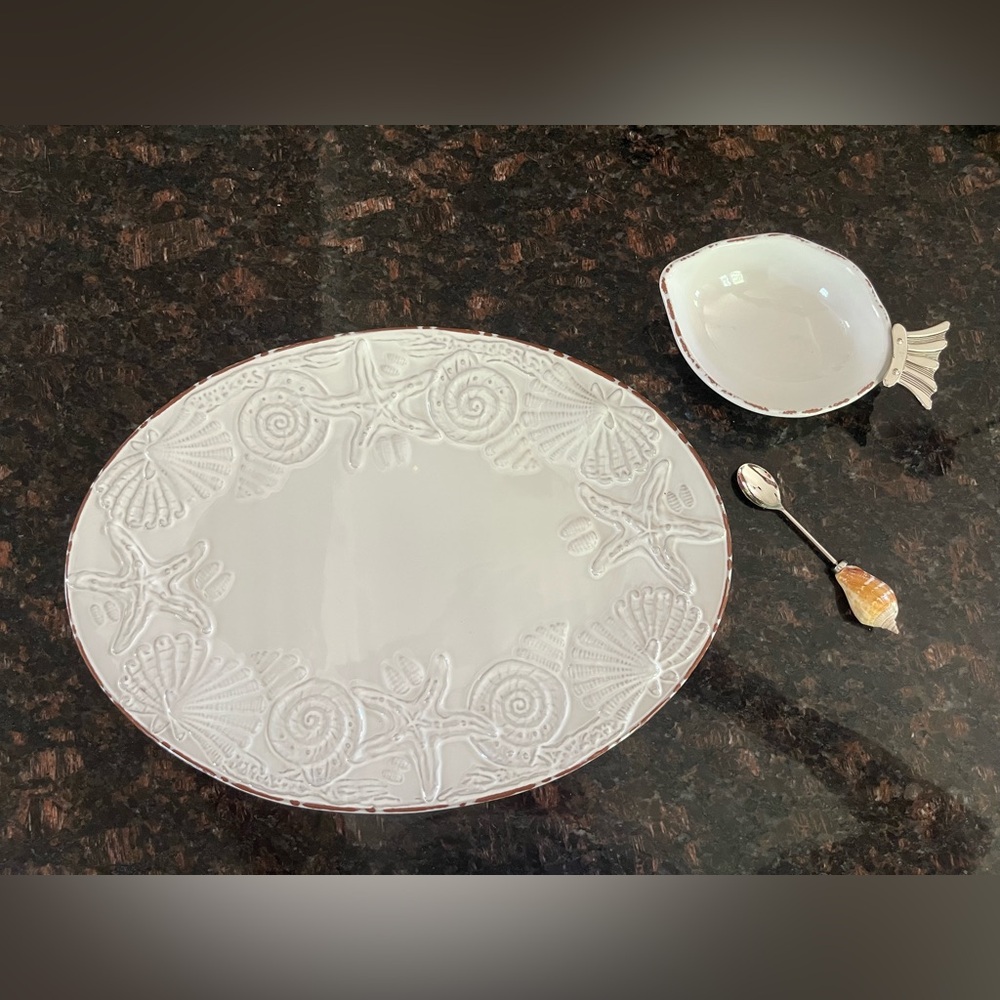 Sanibel by Mud Pie Serving Platter, Dip Bowl & Shell Spoon
